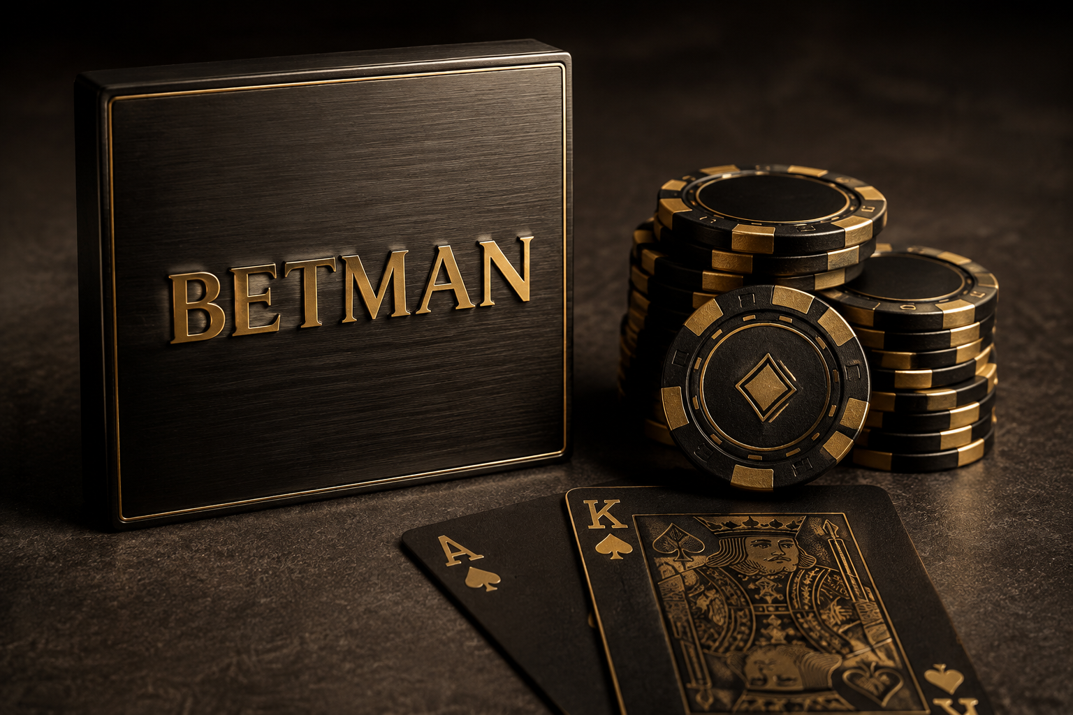 Illustrative Betman brand composition with black and gold chips and playing cards