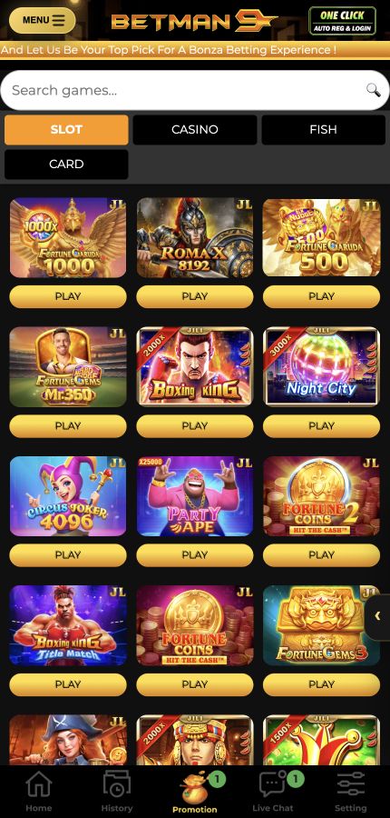 Betman9 mobile JILI catalogue with Search games, Slot, Casino, Fish and Card categories, game covers and bottom navigation
