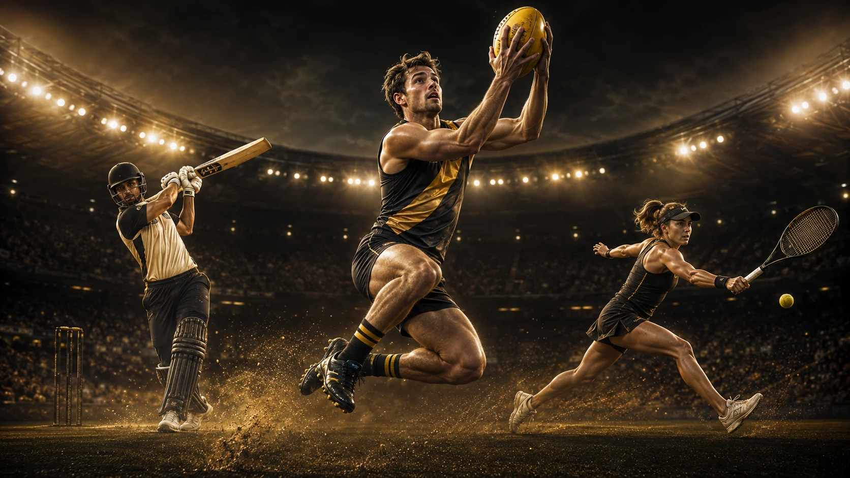 Australian rules footballer taking a mark, a cricket batter and a tennis player in a continuous gold-lit stadium scene